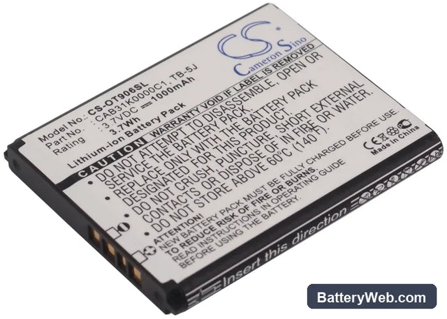 Alcatel OT-906 Replacement Battery, 3.7V, 1000mAh, Li-ion 1