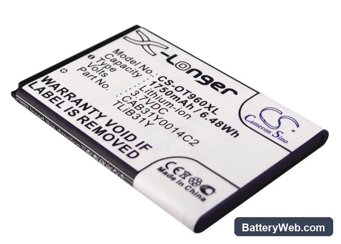Alcatel OT-960 Replacement Battery, 3.7V, 1750mAh, Li-ion 1