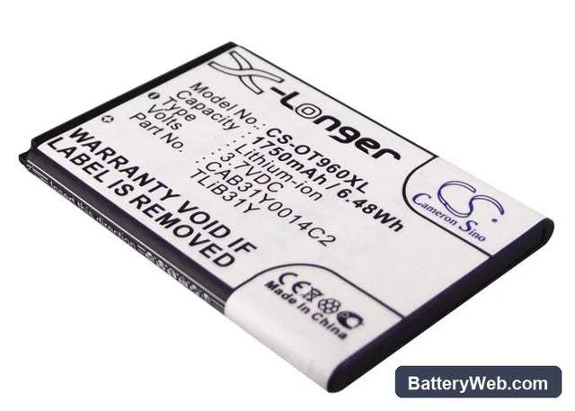 Alcatel OT-960 Replacement Battery, 3.7V, 1750mAh, Li-ion 1