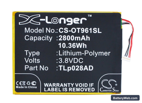 Alcatel One Touch Pixi 7 Replacement Battery, 3.8V, 2800mAh, Li-Polymer 5