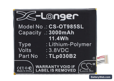 Alcatel One Touch Pop S7 Replacement Battery, 3.8V, 3000mAh, Li-Polymer 1