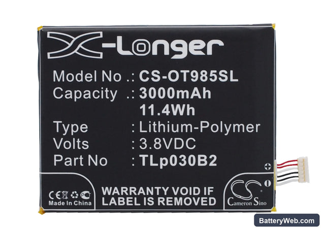 Alcatel One Touch Pop S7 Replacement Battery, 3.8V, 3000mAh, Li-Polymer 1