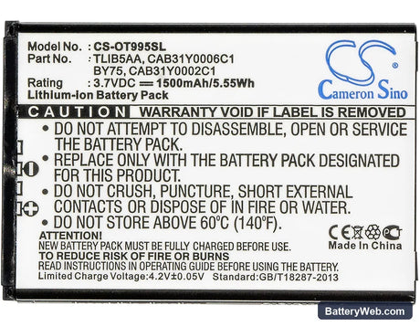 TCL A860 Replacement Battery, 3.7V, 1500mAh, Li-ion 5