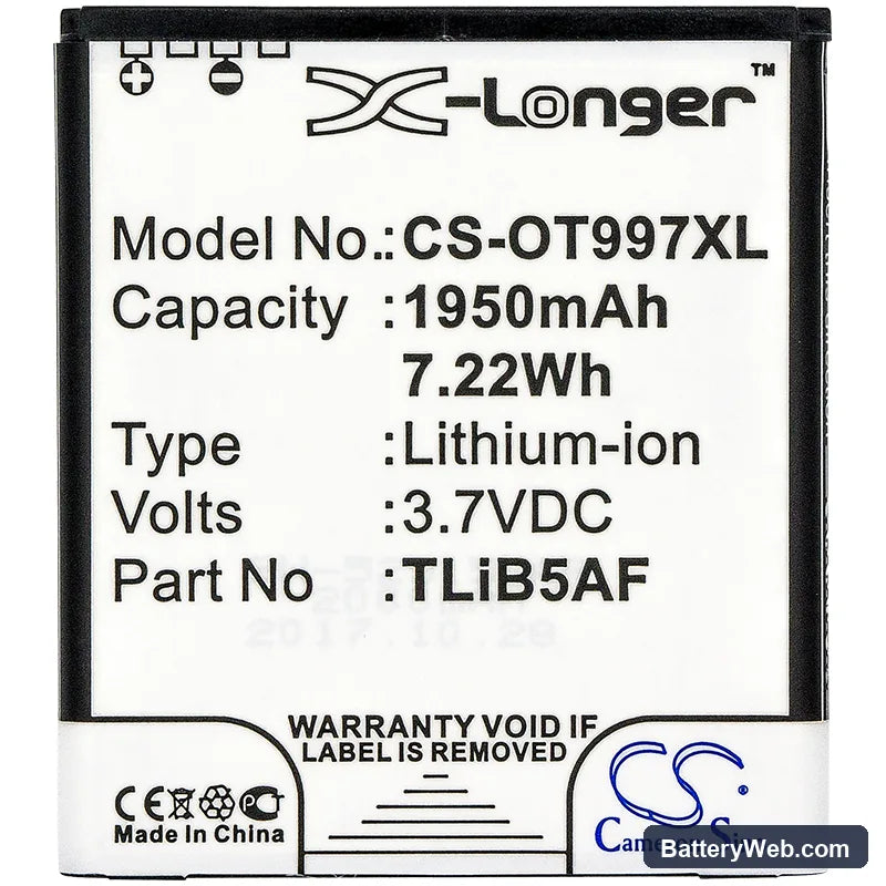 Alcatel OT-997 Replacement Battery, 3.7V, 1950mAh, Li-ion 3