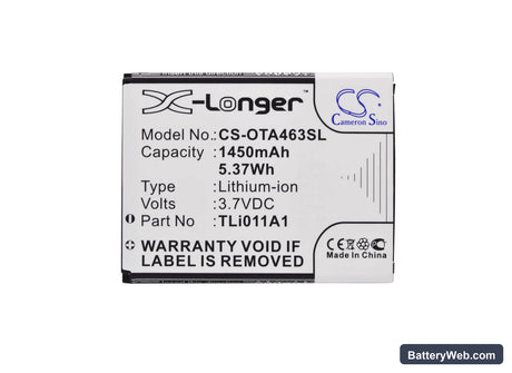 Alcatel One Touch Pixi Glitz Replacement Battery, 3.7V, 1450mAh, Li-ion 5