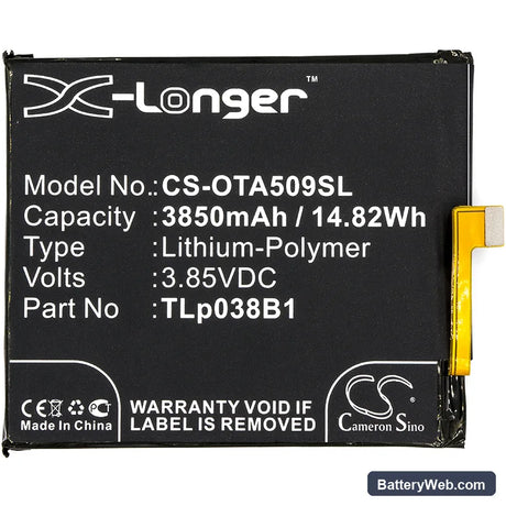 Alcatel A7 Replacement Battery, 3.85V, 3850mAh, Li-Polymer 3