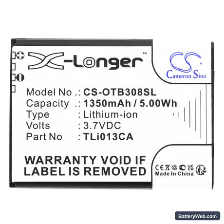 Alcatel OneTouch 3082X Replacement Battery, 3.7V, 1350mAh, Li-ion 3