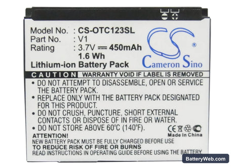 Alcatel OT-C123 Replacement Battery, 3.7V, 450mAh, Li-ion 5