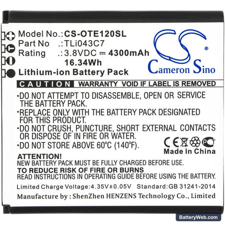 Alcatel EE120 Replacement Battery, 3.8V, 4300mAh, Li-ion 3