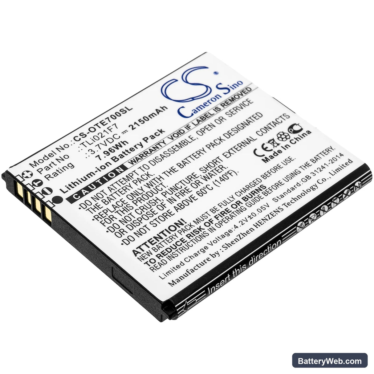 Alcatel EE70 Replacement Battery, 3.7V, 2150mAh, Li-ion 1