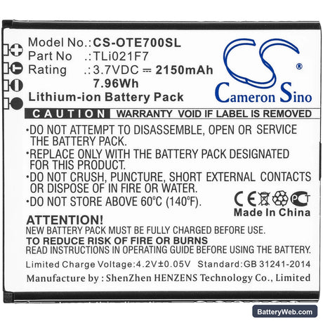 Alcatel EE70 Replacement Battery, 3.7V, 2150mAh, Li-ion 3