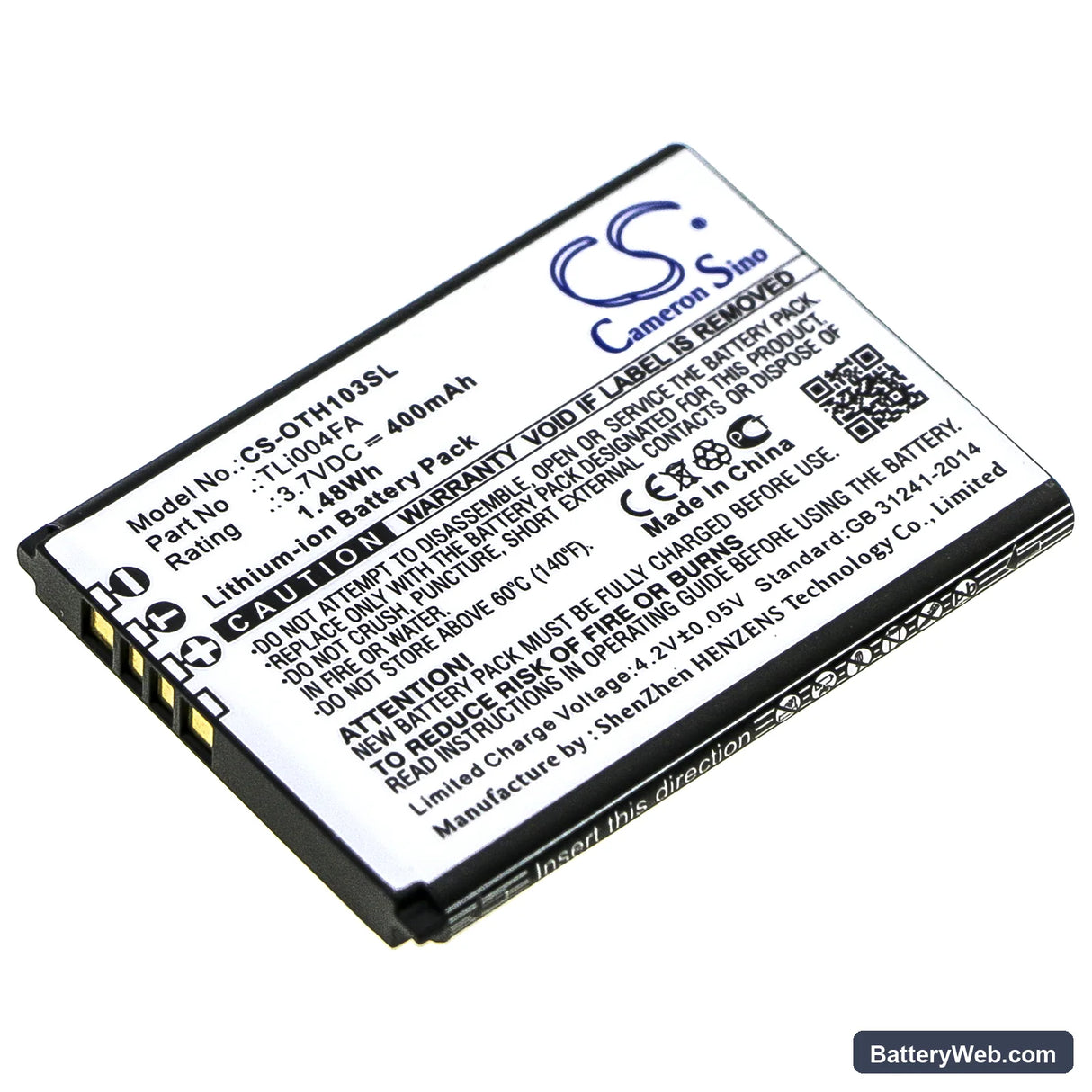 Alcatel OneTouch 1035D Replacement Battery, 3.7V, 400mAh, Li-ion 1