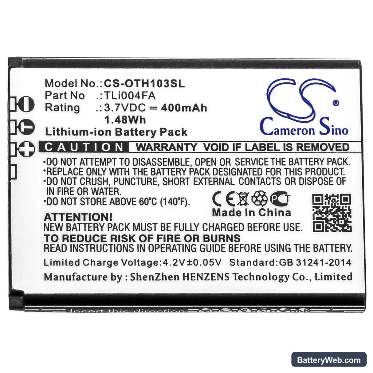 Alcatel OneTouch 1035D Replacement Battery, 3.7V, 400mAh, Li-ion 3