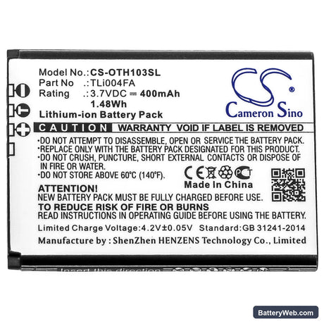 Alcatel OneTouch 1035D Replacement Battery, 3.7V, 400mAh, Li-ion 3