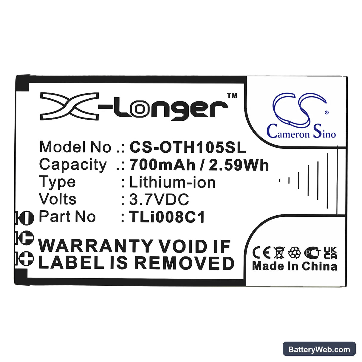 Alcatel OneTouch 1054 Replacement Battery, 3.7V, 700mAh, Li-ion 3
