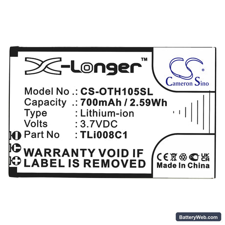 Alcatel OneTouch 1054 Replacement Battery, 3.7V, 700mAh, Li-ion 3