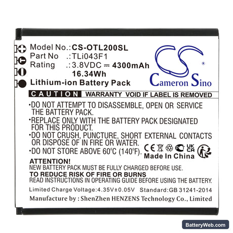 TCL MW513U Replacement Battery, 3.8V, 4300mAh, Li-ion 3