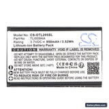 Alcatel OT-2038X Replacement Battery, 3.7V, 950mAh, Li-ion 3