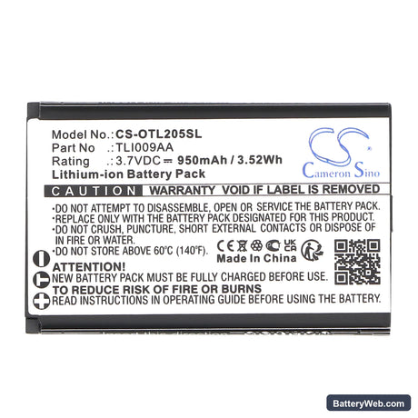 Alcatel OT-2038X Replacement Battery, 3.7V, 950mAh, Li-ion 3