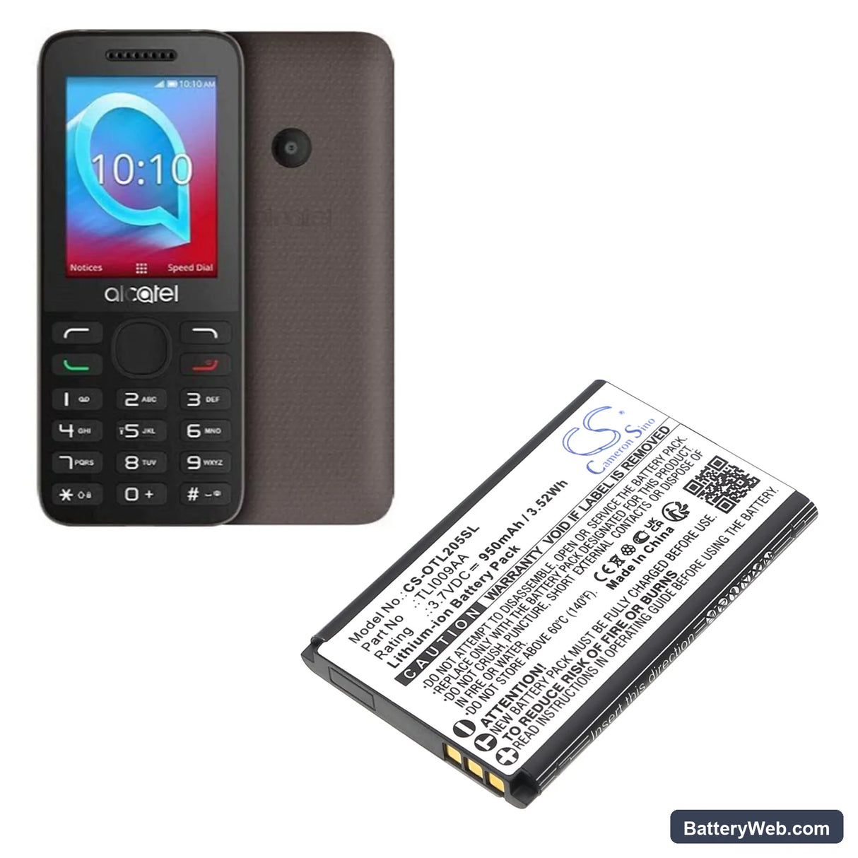 Alcatel OT-2038X Replacement Battery, 3.7V, 950mAh, Li-ion 4