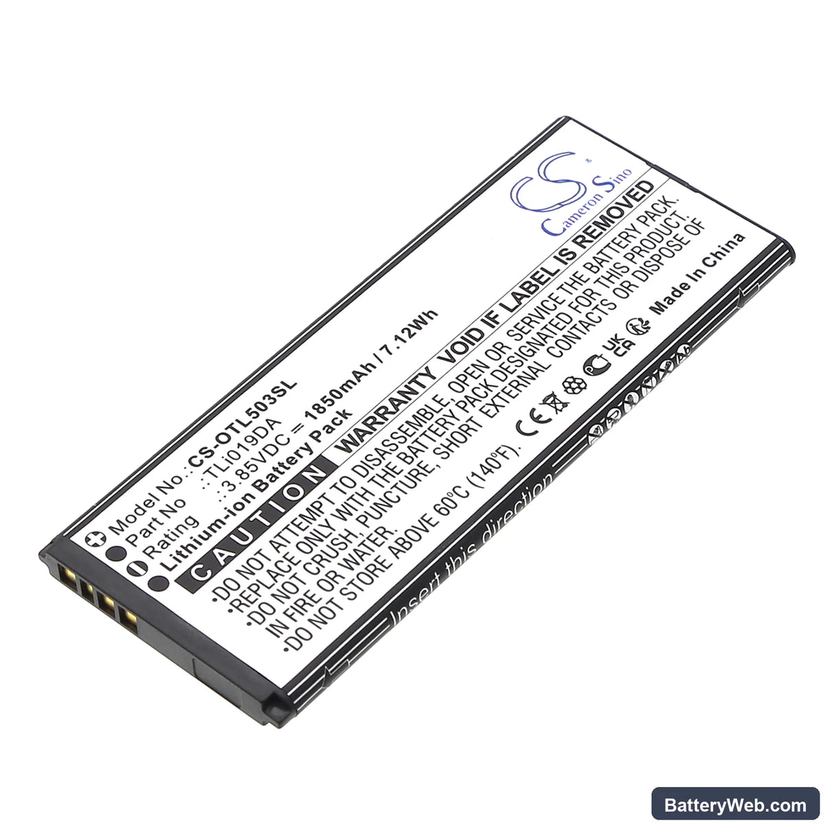 Alcatel OT-5005R Replacement Battery, 3.85V, 1850mAh, Li-ion 1
