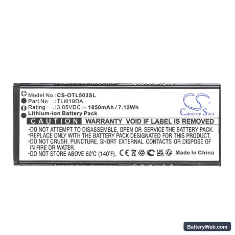 Alcatel OT-5005R Replacement Battery, 3.85V, 1850mAh, Li-ion 3