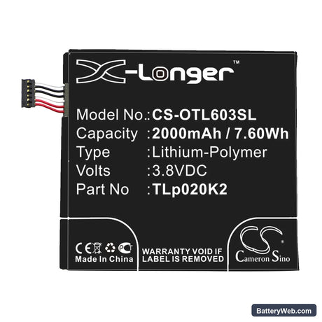 Alcatel One Touch Idol 3 4.7 Replacement Battery, 3.8V, 2000mAh, Li-Polymer 3