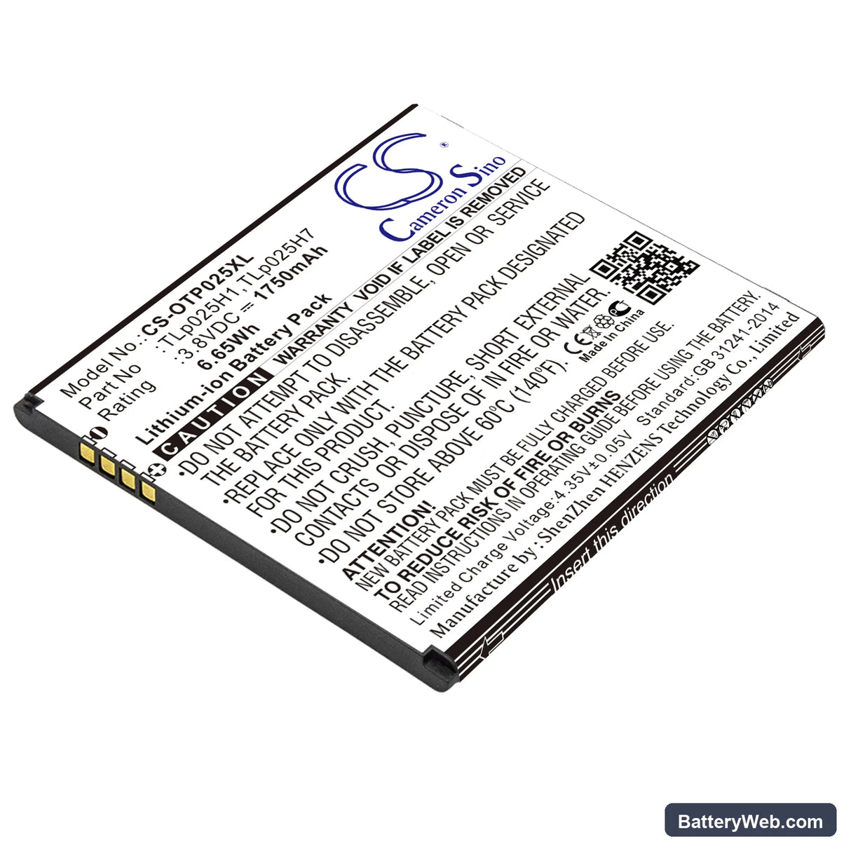 Alcatel One Touch POP 4 Replacement Battery, 3.8V, 1750mAh, Li-ion 1