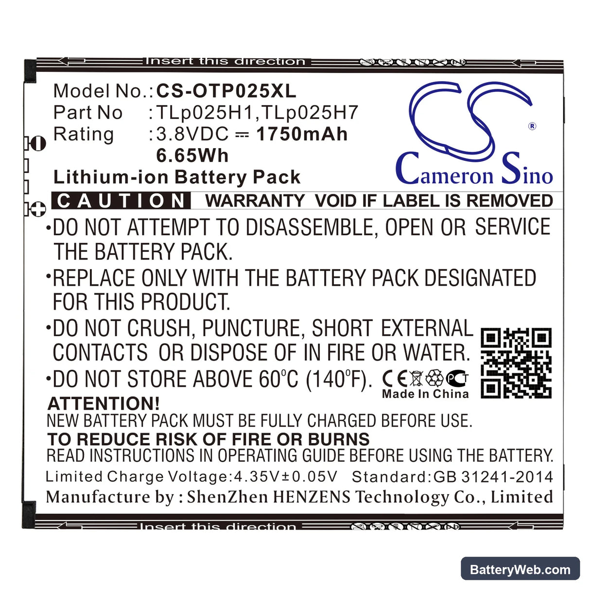 Alcatel One Touch POP 4 Replacement Battery, 3.8V, 1750mAh, Li-ion 3