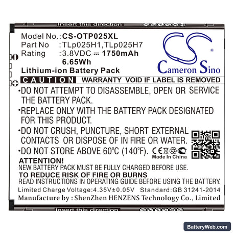 Alcatel One Touch POP 4 Replacement Battery, 3.8V, 1750mAh, Li-ion 3