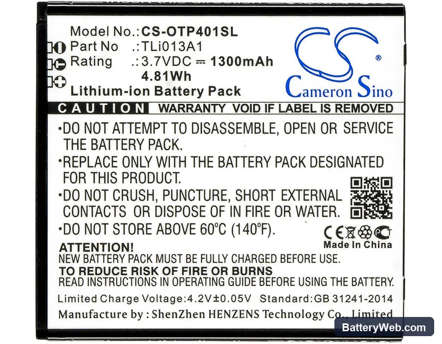 Alcatel One Touch Pixi 4 3.5 Replacement Battery, 3.7V, 1300mAh, Li-ion 5
