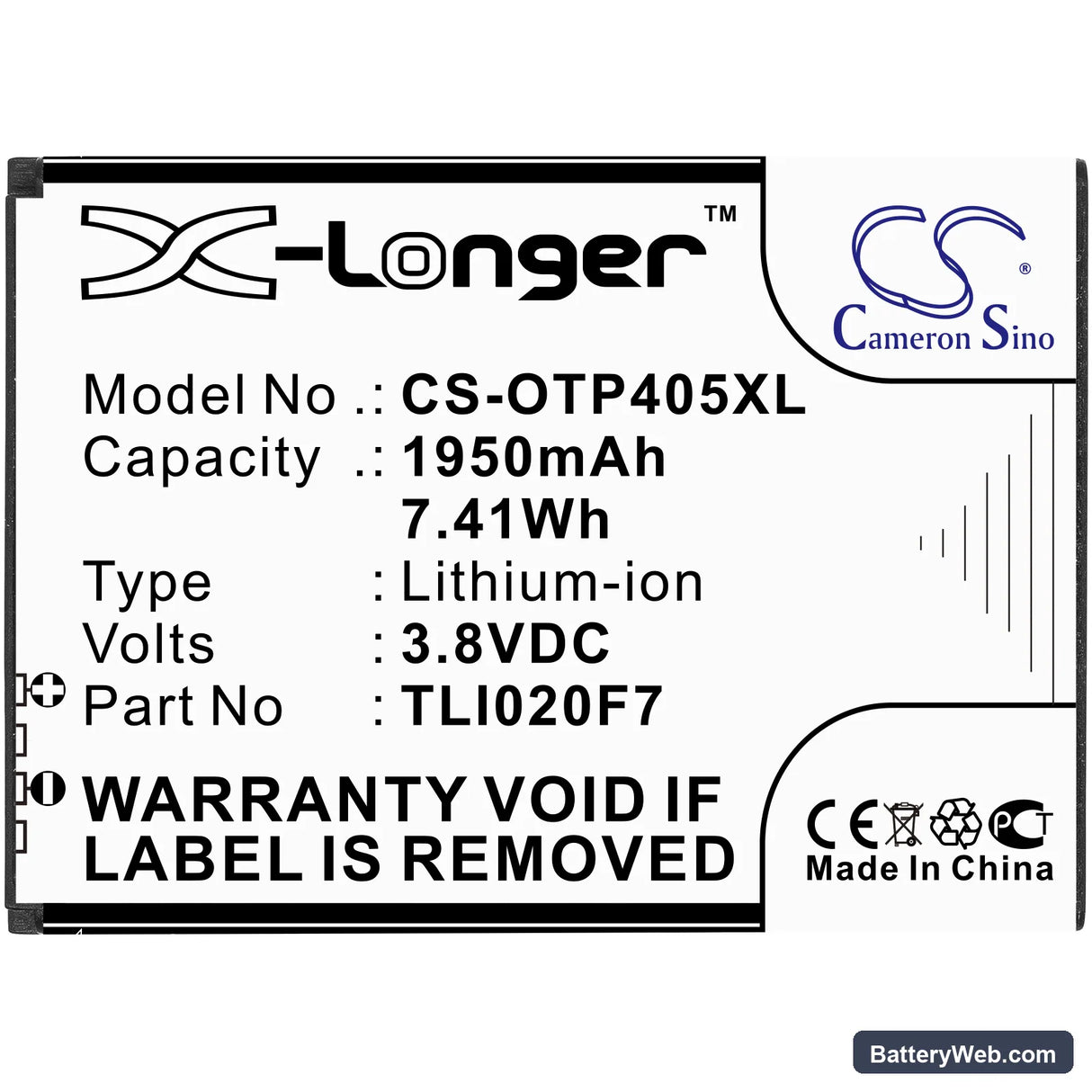 Alcatel One Touch Pixi 4 5 Replacement Battery, 3.8V, 1950mAh, Li-ion 3