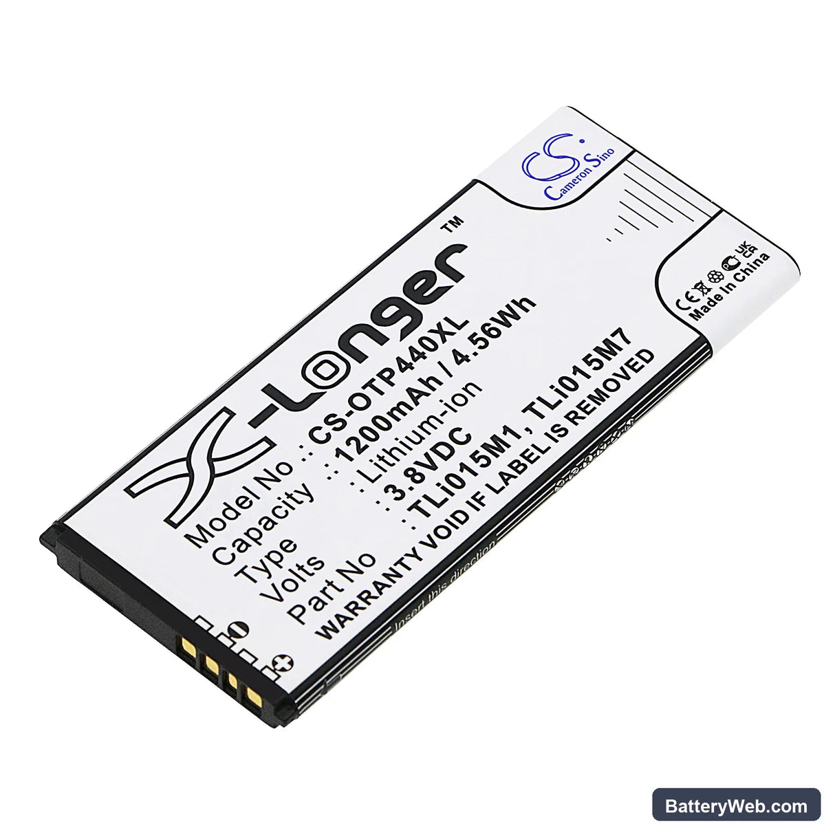 Alcatel One Touch Pixi 4 4.0 Replacement Battery, 3.8V, 1200mAh, Li-ion 1