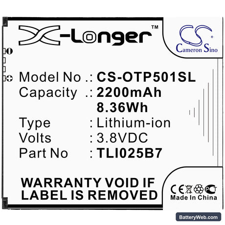 Alcatel A3 Plus Replacement Battery, 3.8V, 2200mAh, Li-ion 3