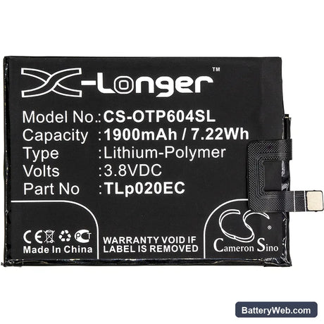Alcatel One Touch Pop Up Replacement Battery, 3.8V, 1900mAh, Li-Polymer 3