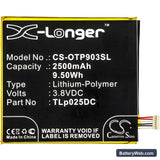 Alcatel OT-8050D Replacement Battery, 3.8V, 2500mAh, Li-Polymer 3