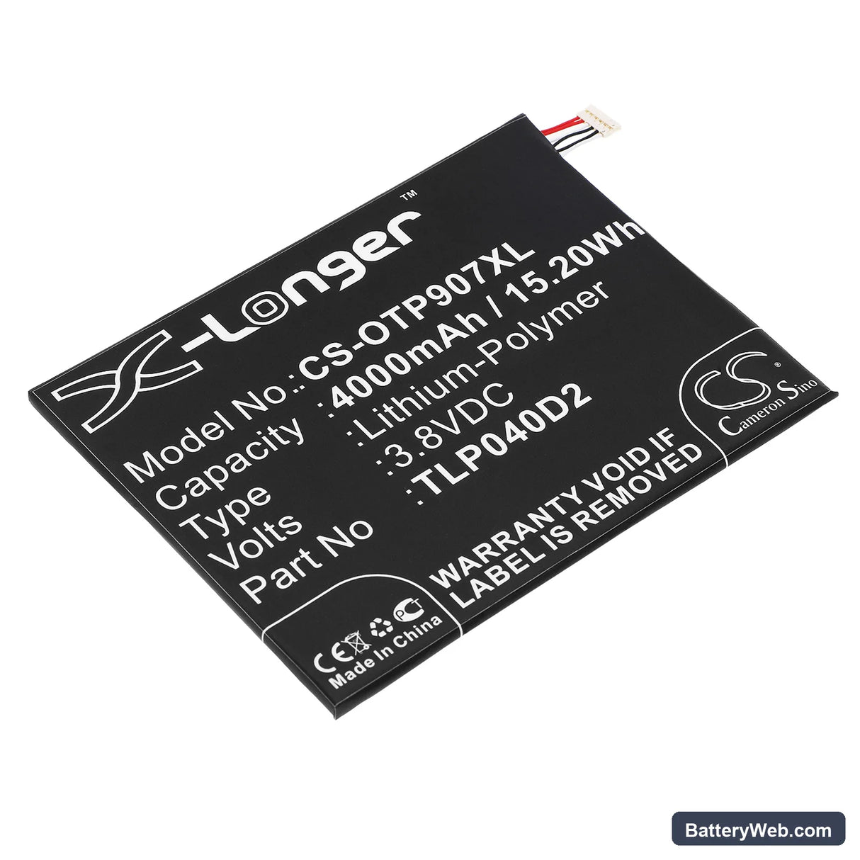 Alcatel One Touch Pixi 3 7 Replacement Battery, 3.8V, 4000mAh, Li-Polymer 1