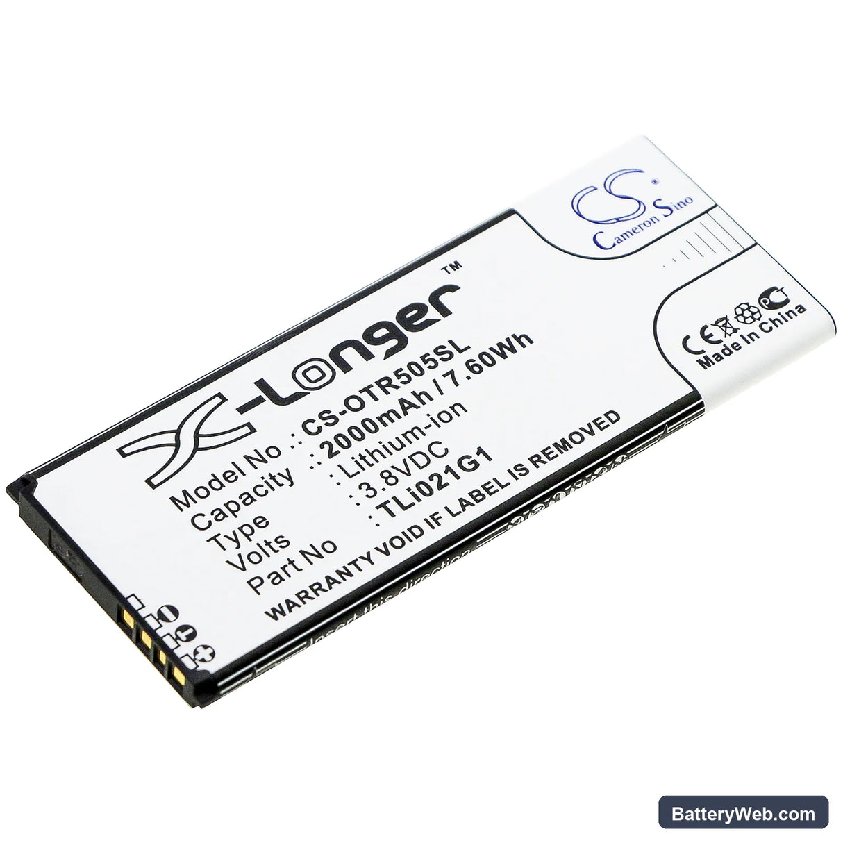 Alcatel 5005R Replacement Battery, 3.8V, 2000mAh, Li-ion 1