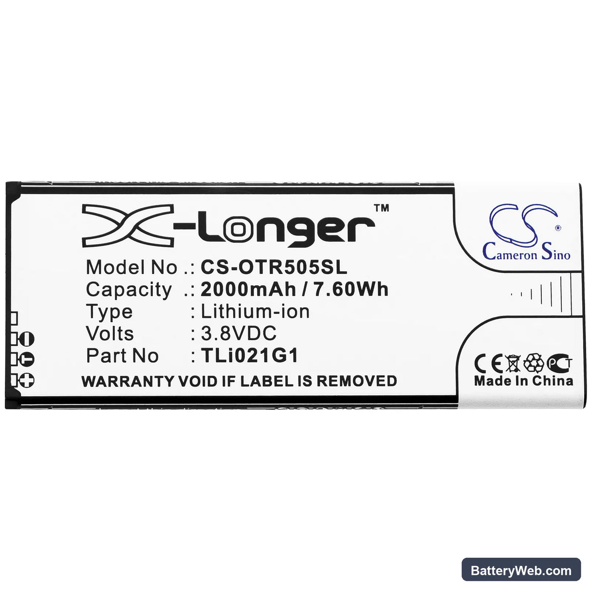 Alcatel 5005R Replacement Battery, 3.8V, 2000mAh, Li-ion 3