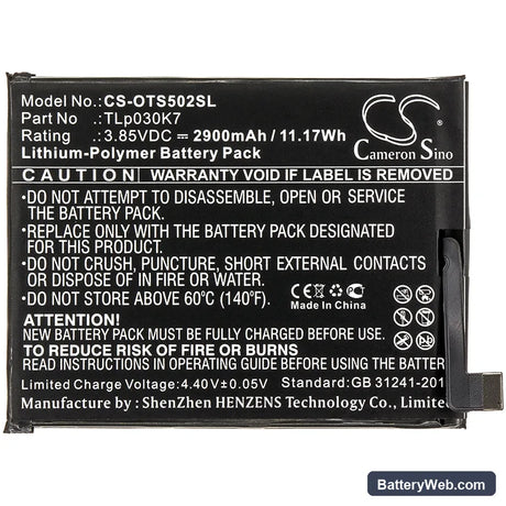 Alcatel 1S Replacement Battery, 3.85V, 2900mAh, Li-Polymer 3