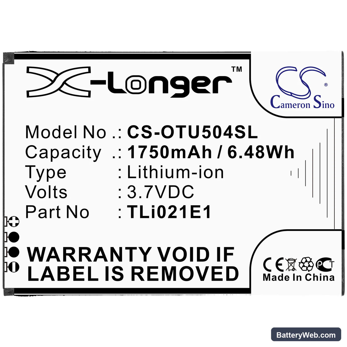 Alcatel OT-5047U Replacement Battery, 3.7V, 1750mAh, Li-ion 3