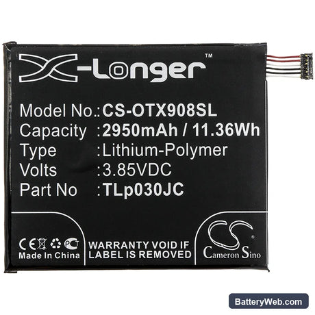 Alcatel TIM XL 2018 Replacement Battery, 3.85V, 2950mAh, Li-Polymer 3