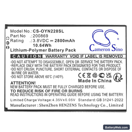 Olympia 2286 Replacement Battery, 3.8V, 2800mAh, Li-Polymer 3