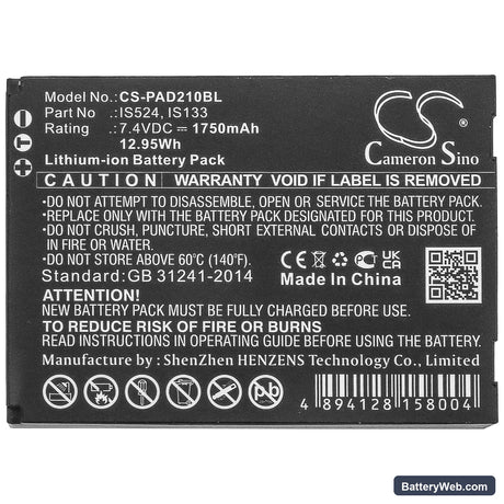 Pax D210 Replacement Battery, 7.4V, 1750mAh, Li-ion 3