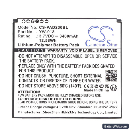 Pax D230 Replacement Battery, 3.7V, 3400mAh, Li-Polymer 3