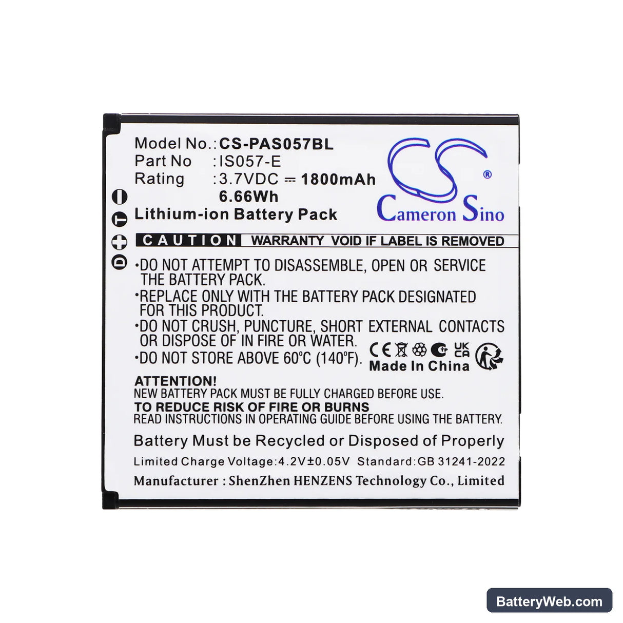 Pax IS057-E Replacement Battery, 3.7V, 1800mAh, Li-ion 3