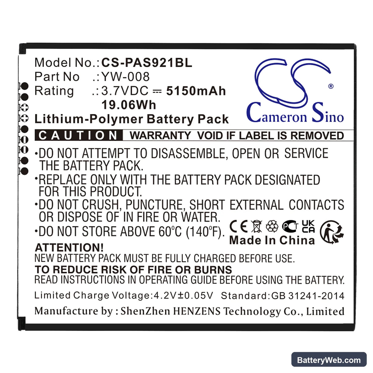 Pax A920 Pro Replacement Battery, 3.7V, 5150mAh, Li-Polymer 3