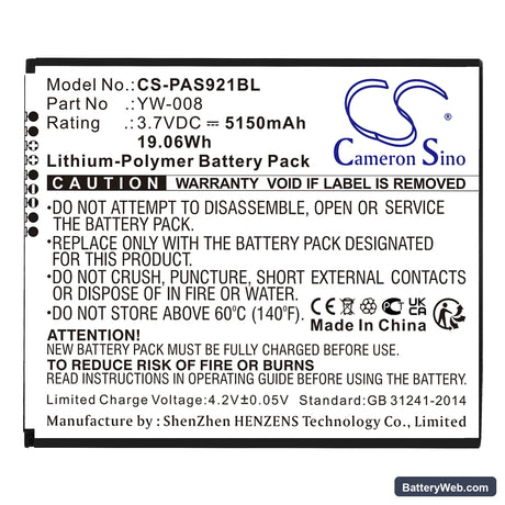 Pax A920 Pro Replacement Battery, 3.7V, 5150mAh, Li-Polymer 3