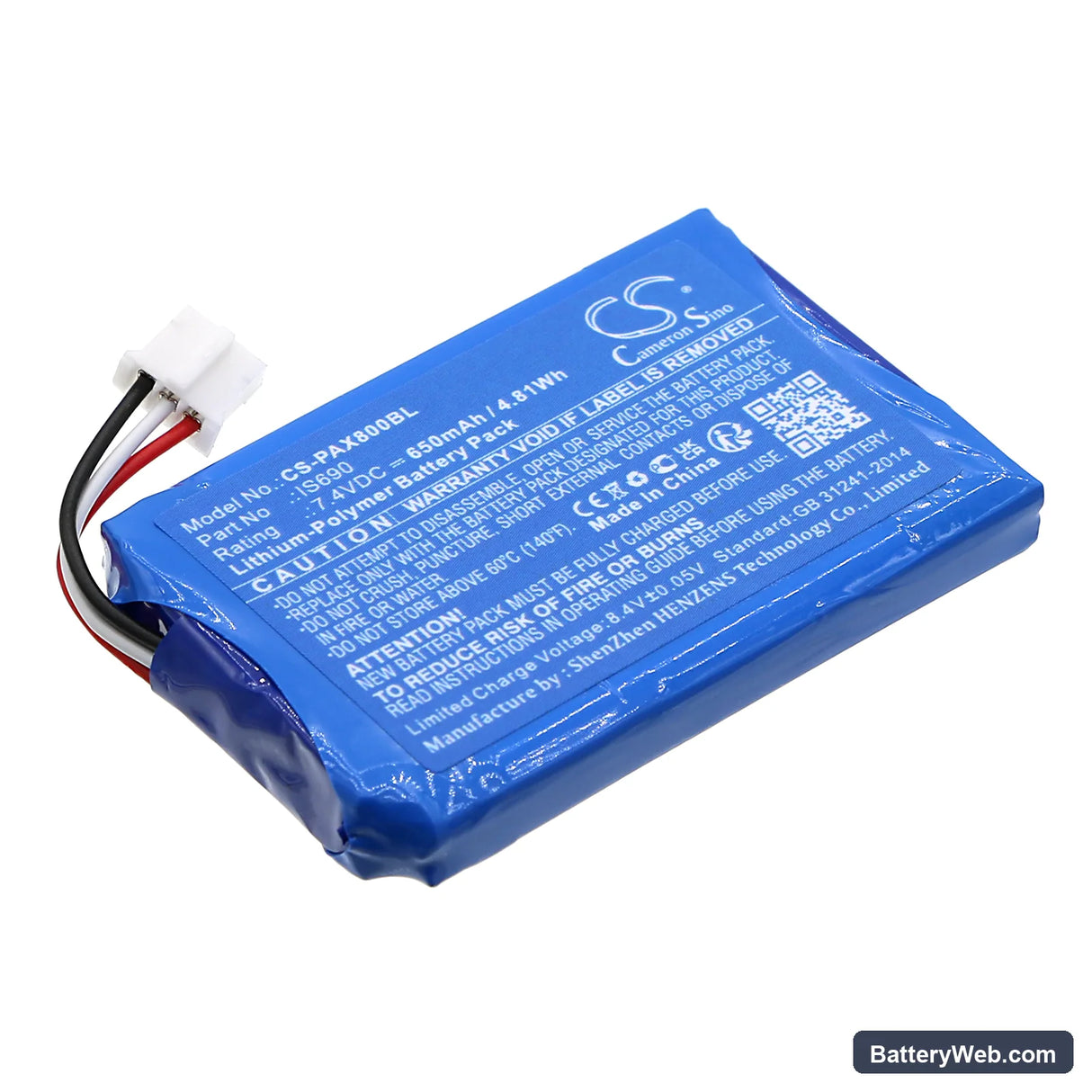 Pax Q80 Replacement Battery, 7.4V, 650mAh, Li-Polymer 1