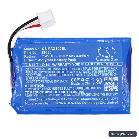 Pax Q80 Replacement Battery, 7.4V, 650mAh, Li-Polymer 3